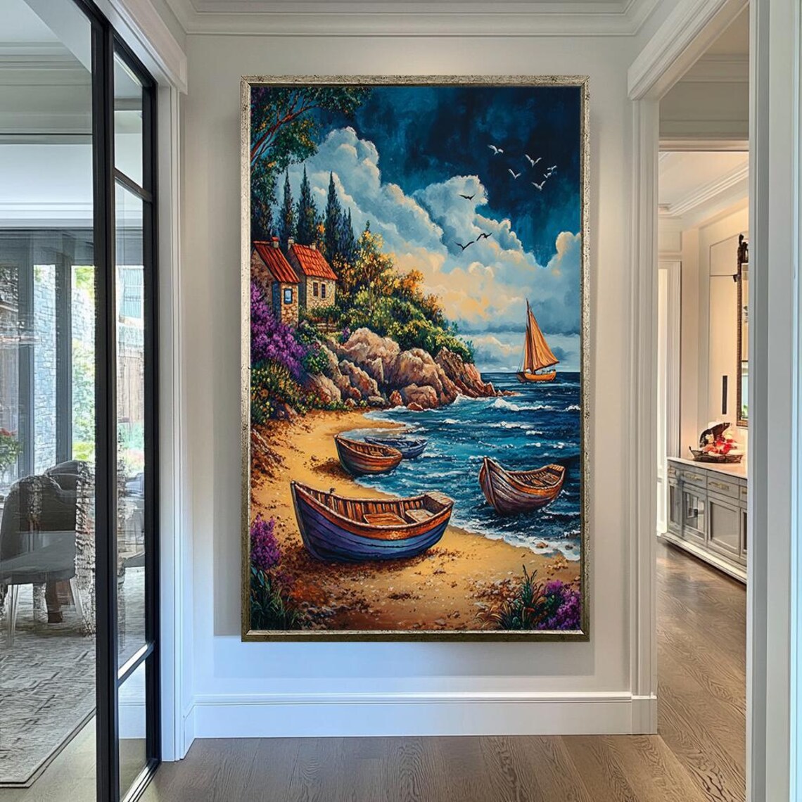 Seaside Village Fishing Boats Coastal Oil Painting Sailboat Ocean Wall Art - Image 2