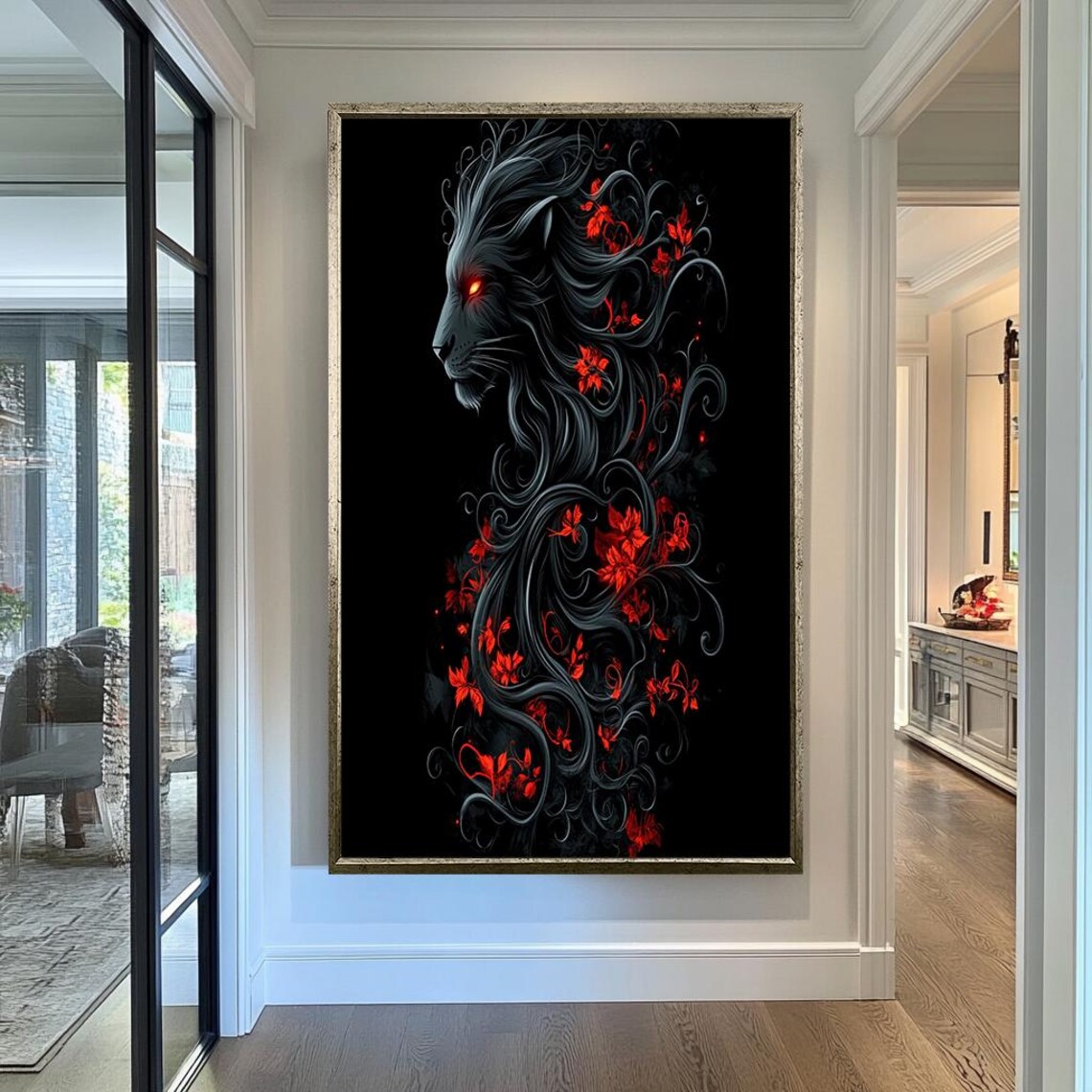 Black Lion Red Flowers Dark Fantasy Animal Oil Painting Gothic Wall Art - Image 2