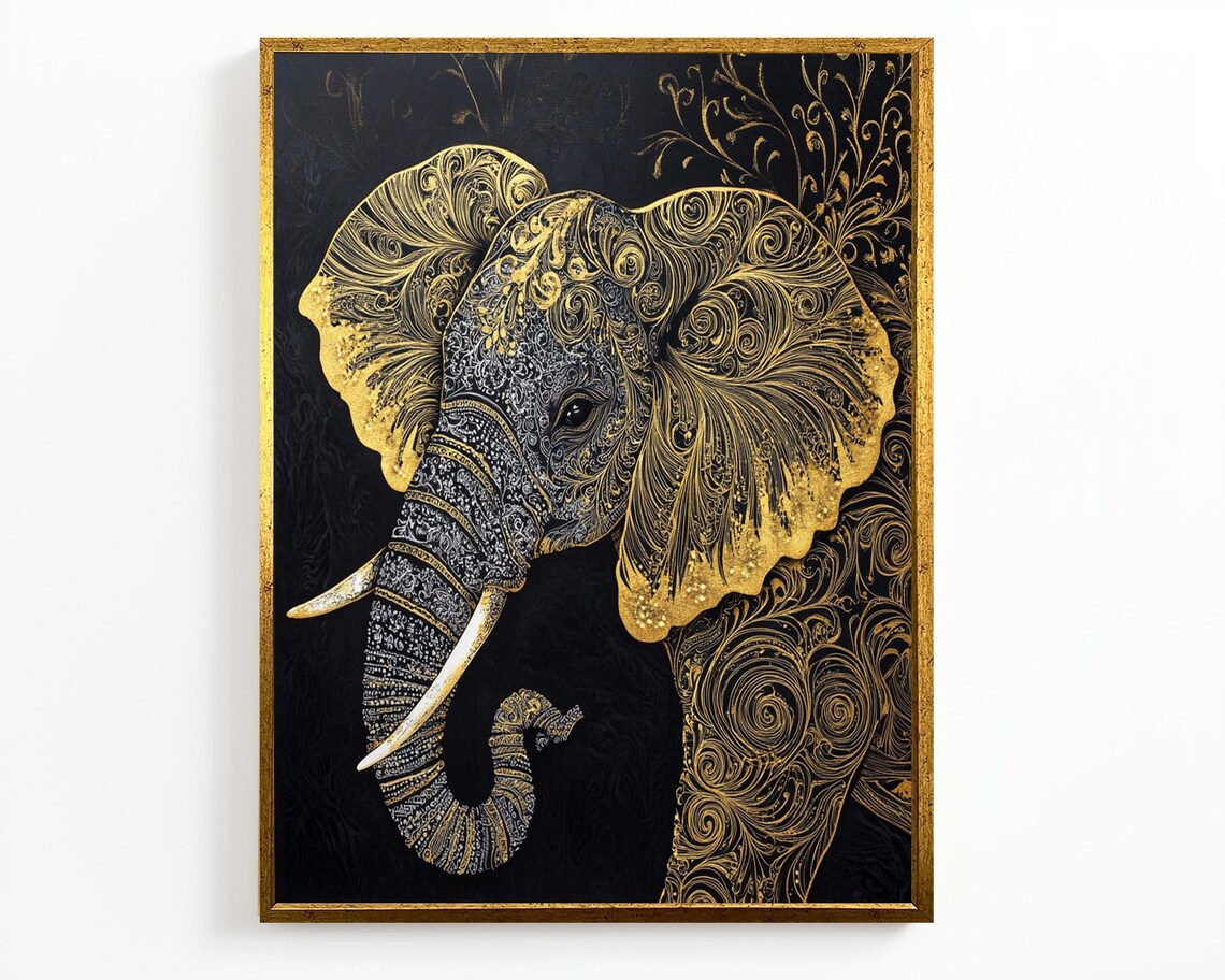 Elegant Gold Elephant on Black Ornate Filigree Intricate Wildlife Poster - Image 2