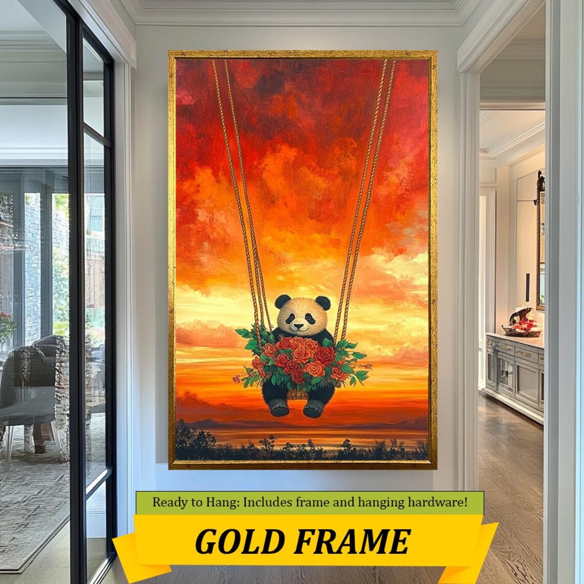Adorable Panda Swinging At Sunset With Rose Bouquet Nursery Wall Art - Image 3