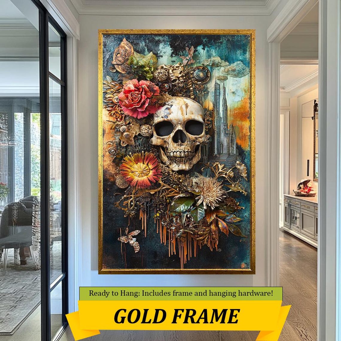 Gothic Floral Skull Steampunk Roses Teal Maximalist Dark Wall Art - Image 3
