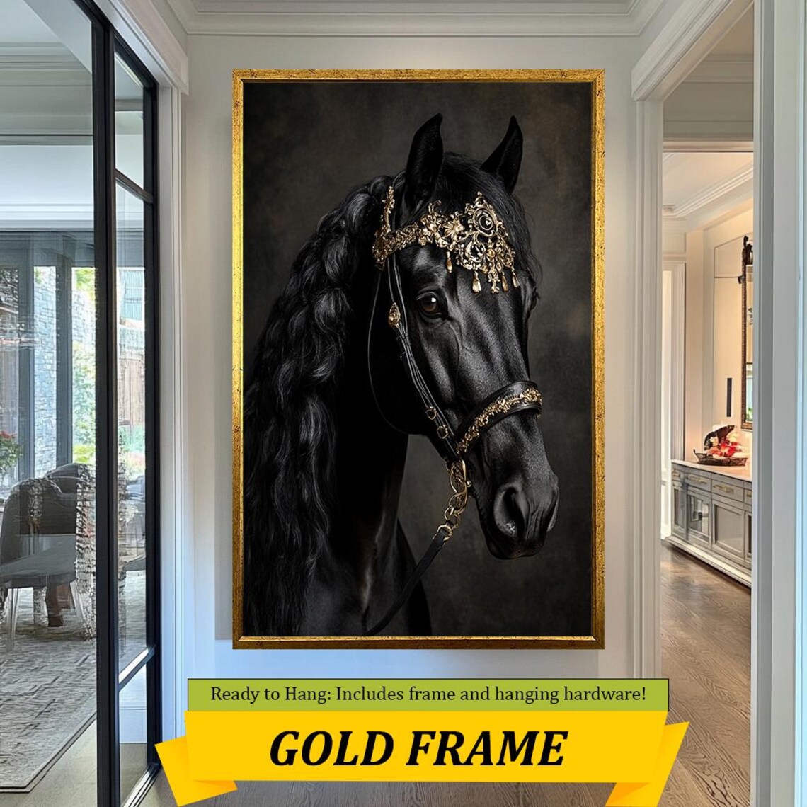 Regal Black Horse Wearing Gold Crown Bridle Luxury Equine Portrait Art - Image 3
