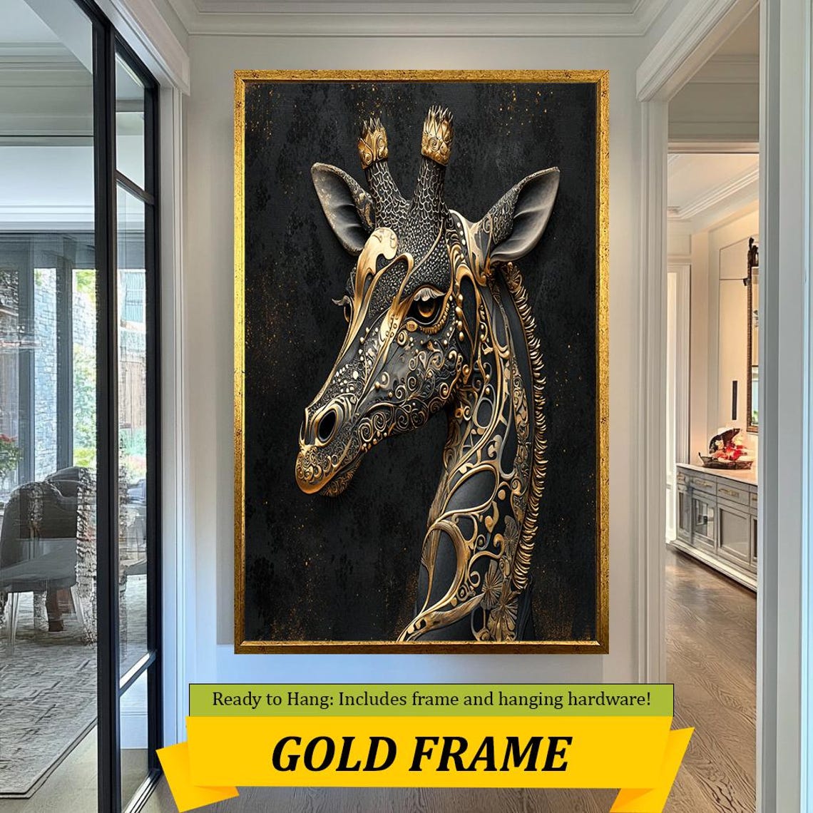 Regal Black Giraffe With Gold Filigree Ornate Animal Portrait Wall Art - Image 3