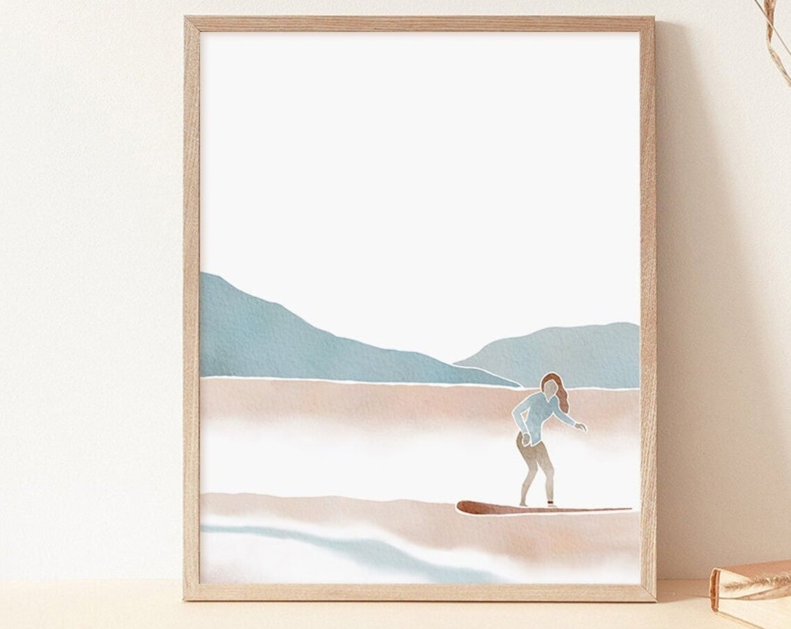 Woman Surfer Coastal Art Minimalist Surf Girl Beach Wall Poster