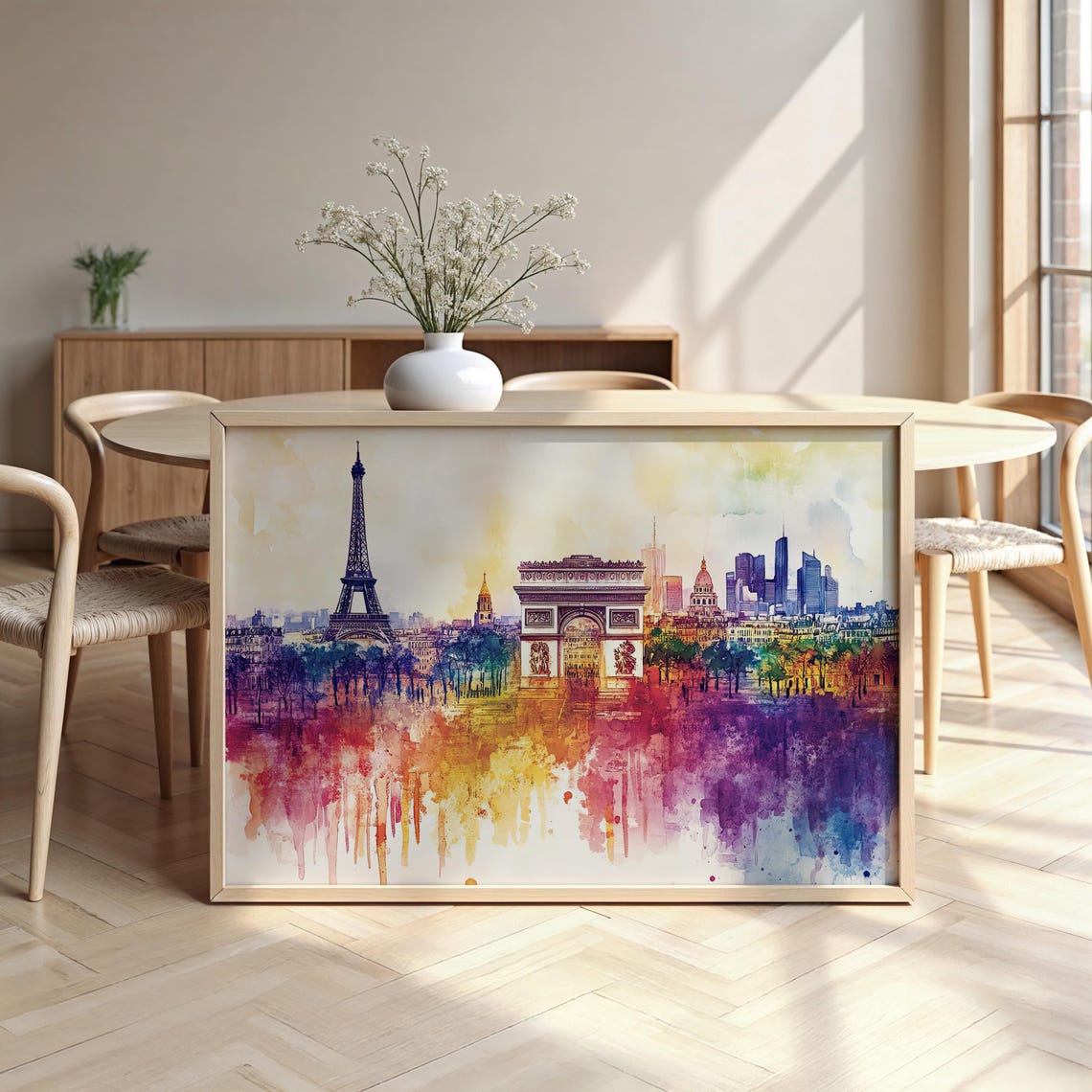 Paris Eiffel Tower Arc de Triomphe Watercolor Skyline Art Poster