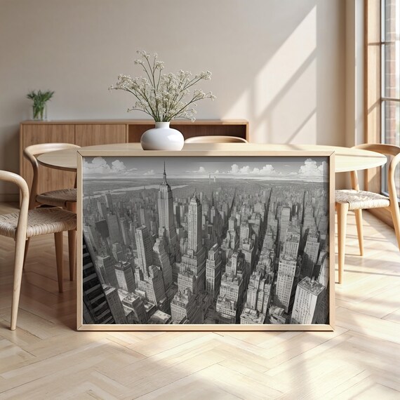 New York City Skyline Empire State Black White Aerial View Wall Art