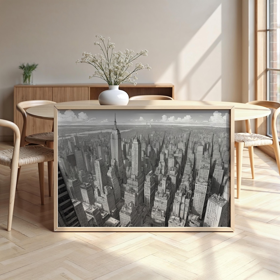 New York City Skyline Empire State Black White Aerial View Wall Art