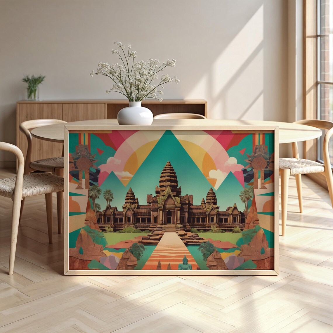 Angkor Wat Temple Art Deco Collage Sunset Colors Travel Landmark Poster