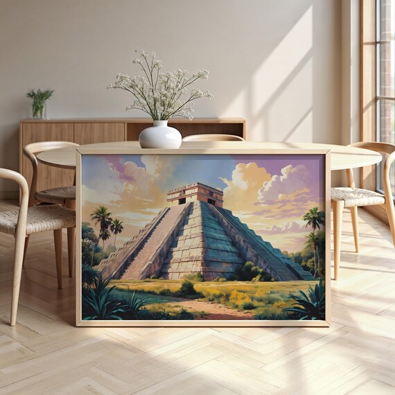 Chichen Itza Pyramid Sunset Illustration Mayan Ruins Travel Poster