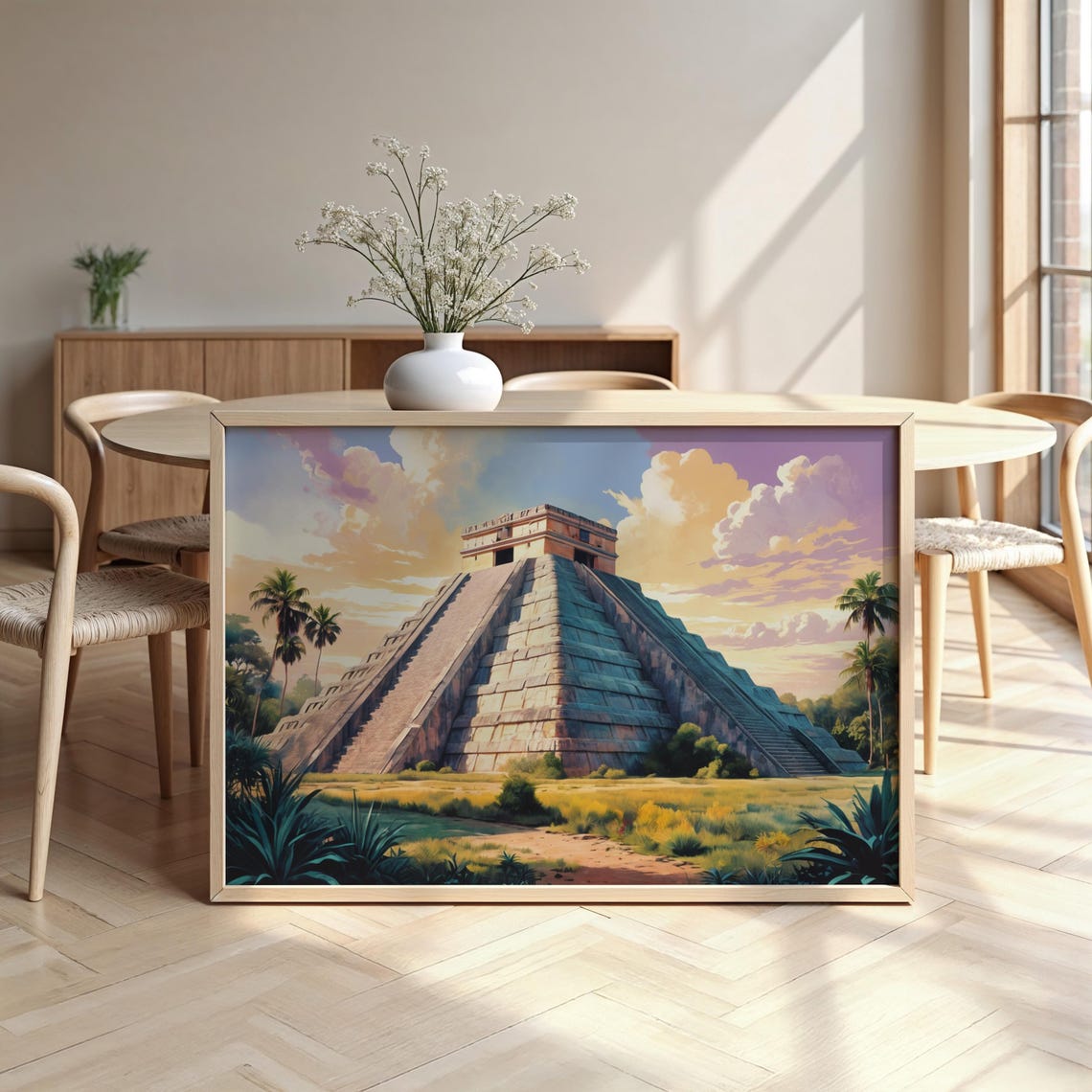 Chichen Itza Pyramid Sunset Illustration Mayan Ruins Travel Poster