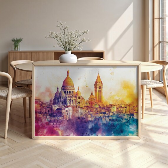 Sacre Coeur Basilica Paris Watercolor Sunset Framed Travel Poster