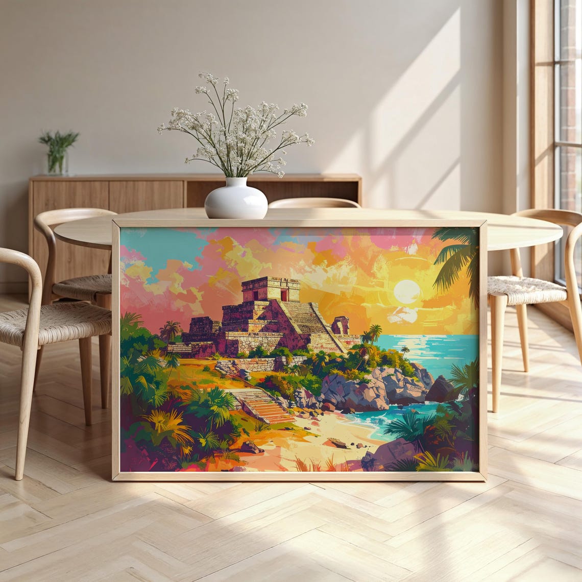 Tulum Mayan Ruins Sunset Tropical Beach Colorful Pop Art Style Poster