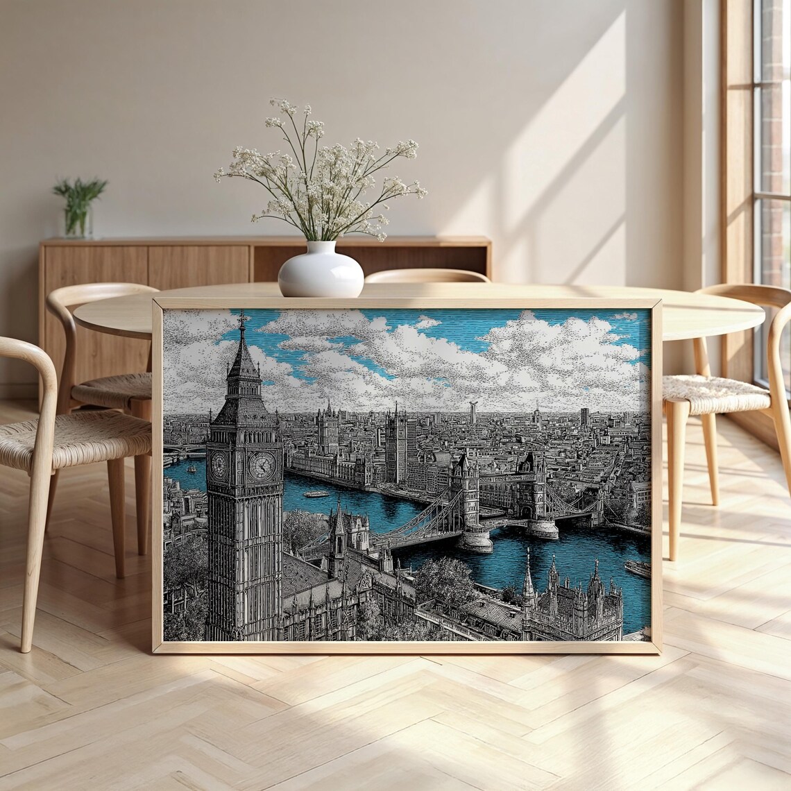 London Big Ben Tower Bridge Thames Pen Sketch Skyline Travel Art Poster