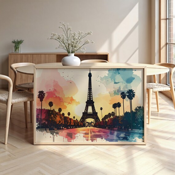 Eiffel Tower Paris Sunset Palm Trees Colorful Watercolour City Landmark Poster