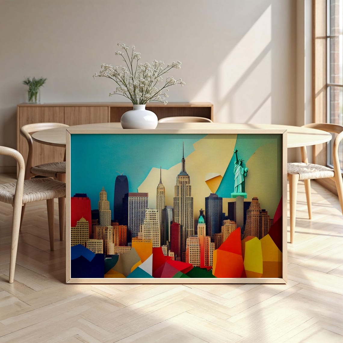 New York City Colorful Geometric Skyline Statue Of Liberty Wall Art