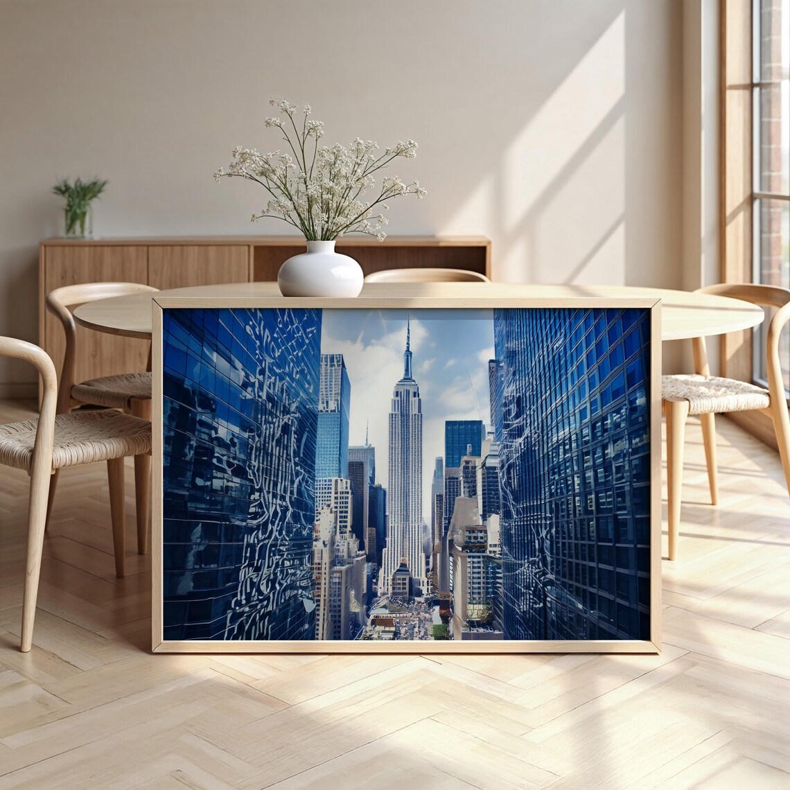Manhattan Skyline Empire State Building Blue Glass Towers City Photo Poster