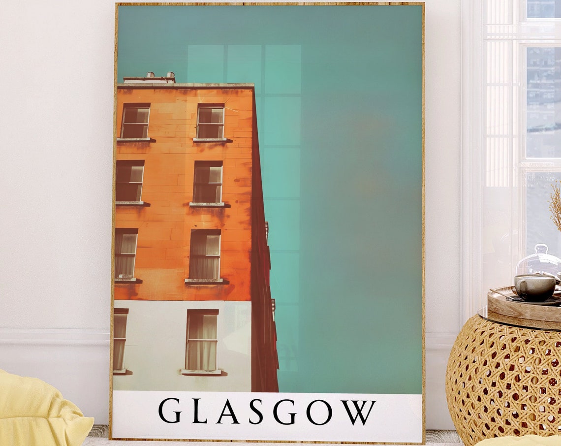 Glasgow Orange Tenement Building Facade Under Teal Sky Poster - Image 2