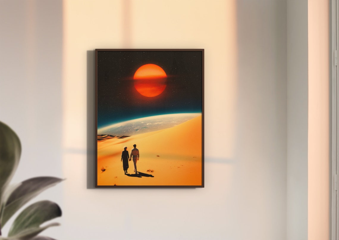 Couple Walking Desert Dunes Toward Earth Horizon Giant Red Sun Poster - Image 2