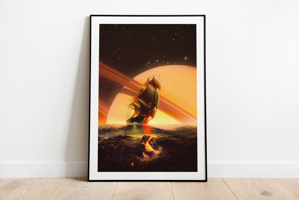 Cosmic Voyage Tall Ship Sailing Beneath Ringed Planet Sci Fi Poster