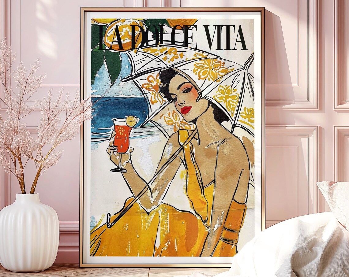 La Dolce Vita Italian Woman Poster Beach Umbrella Spritz Fashion Art