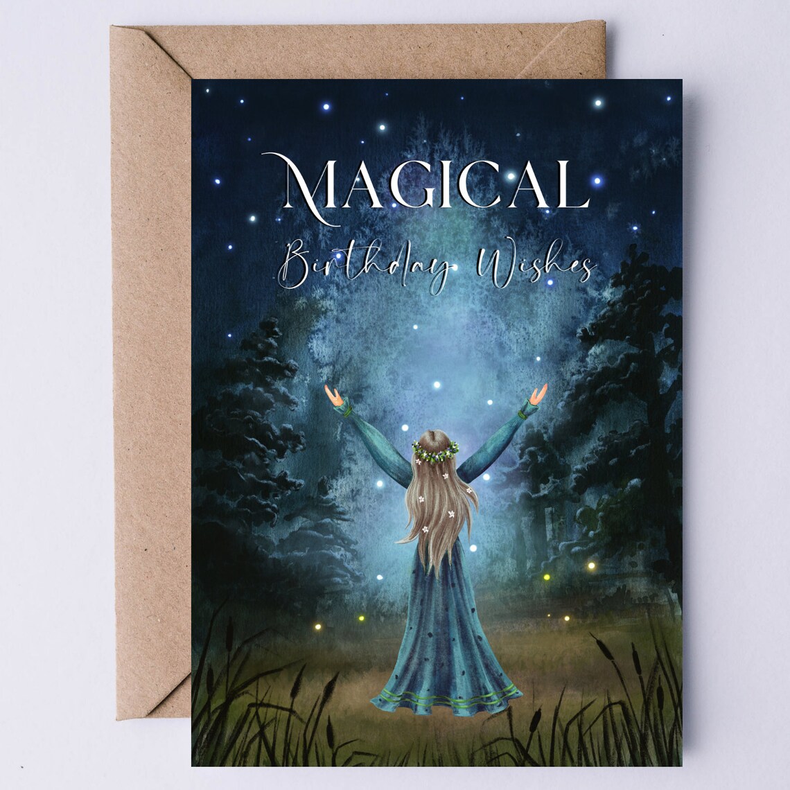 Magical Birthday Wishes Starry Forest Goddess Girl Watercolor Art Print