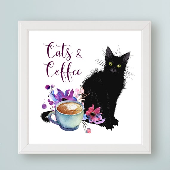 Cats Coffee Art Print, Cat Kitchen Decor