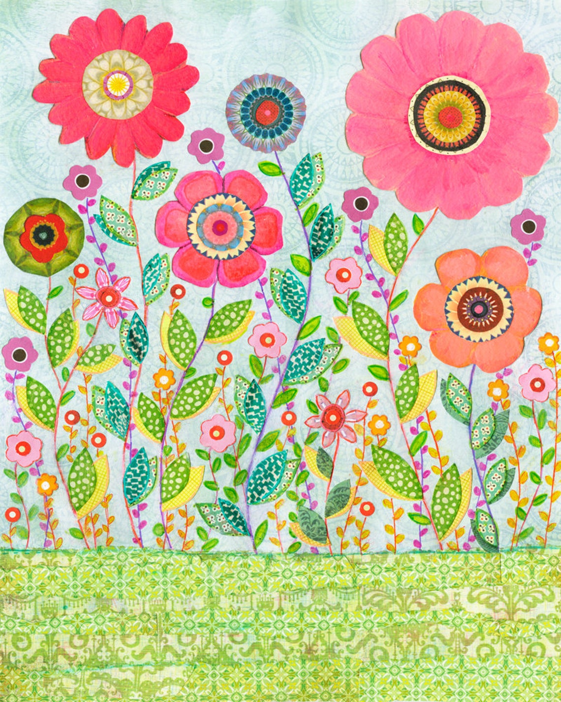 Pink and Orange Folk Flowers with Patterned Leaves Art Poster