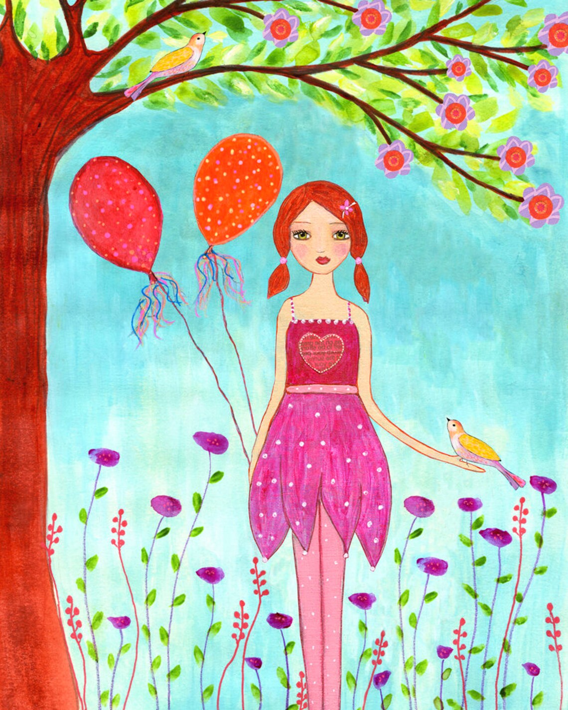 Girl with Balloons and Birds in a Blossom Garden Nursery Poster