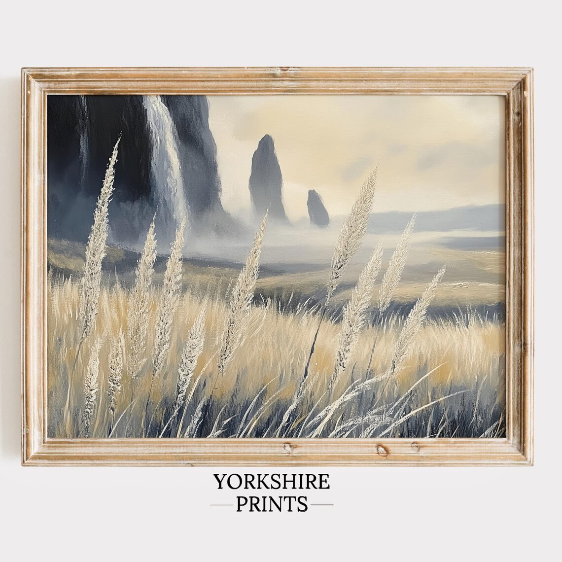 Waterfall Sea Stacks Golden Wheat Field Misty Coastal Landscape Poster