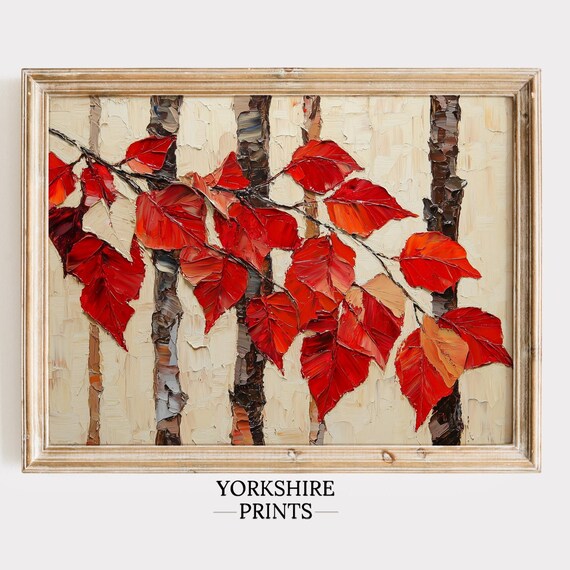 Red Fall Leaves Birch Trees Textured Impasto Autumn Oil Painting Wall Art Poster