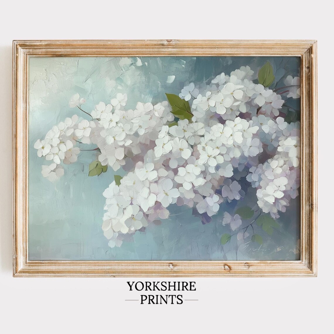 White Hydrangea Blooms Soft Blue Botanical Floral Oil Poster