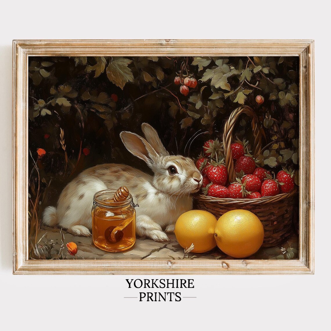 Bunny Strawberry Basket Honey Jar Lemons Spring Still Life Art Poster