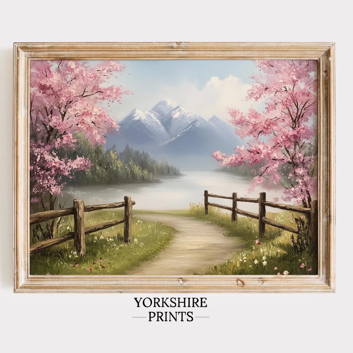 Pink Cherry Blossom Snow Mountain Lake Path Spring Landscape Poster