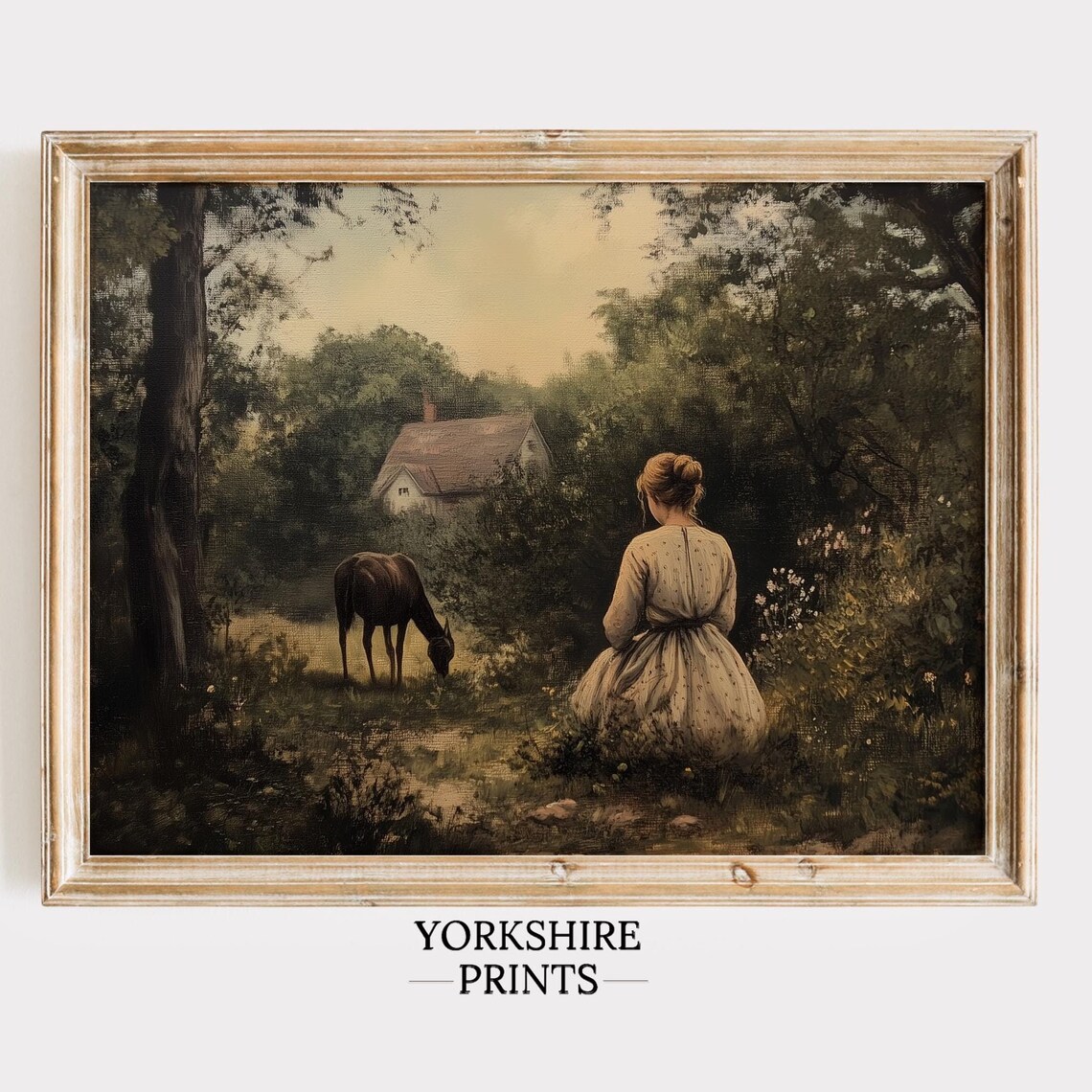 Vintage Woman With Horse Woodland Cottage Scene Country Art Poster