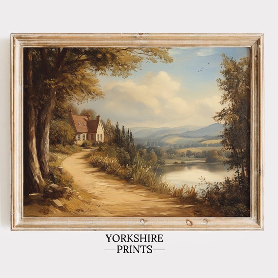 19th Century English Landscape Painting Cozy Country Road Wall Decor Vintage Art Rustic Country Wall Art