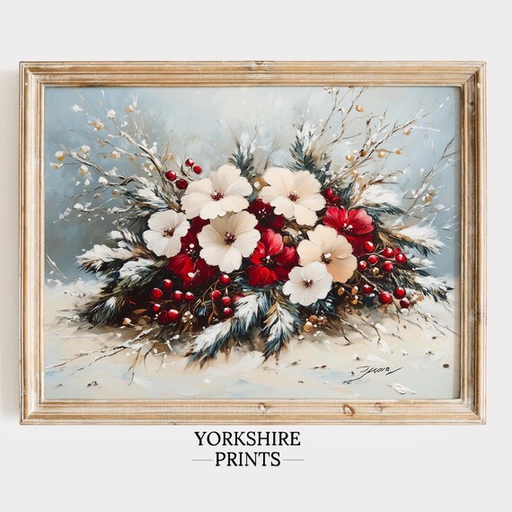 Winter Flower Print Christmas Decor Vintage Wall Art Dark Moody Winter Floral Bouquet Painting Christmas Botanical Wall Art