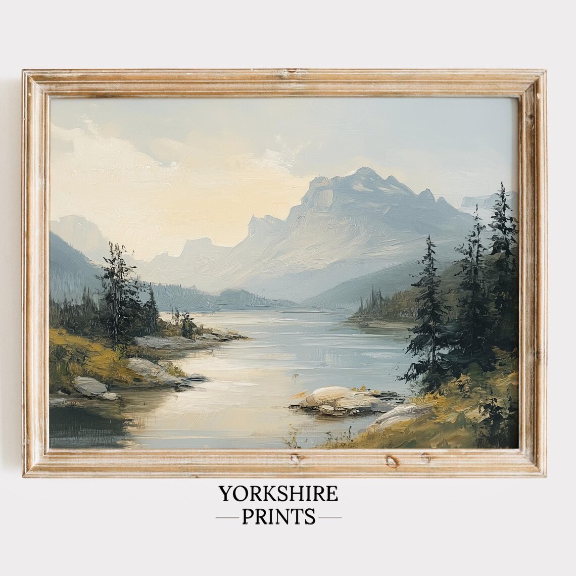 Mountain Lake Landscape, Vintage Rustic Cabin Art Print
