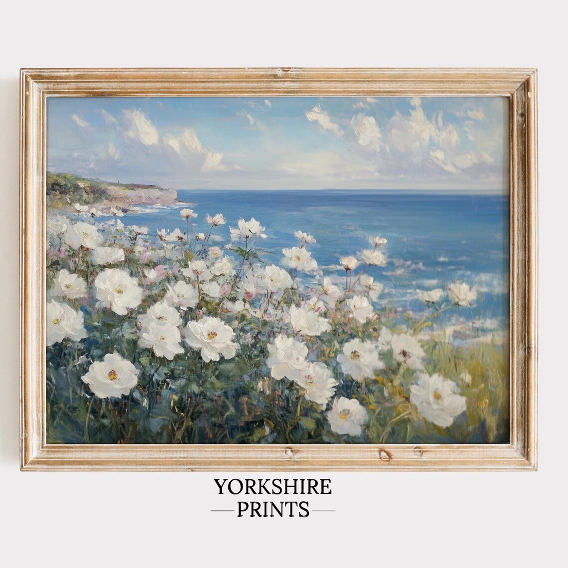White Wild Roses Ocean Cliff Summer Coastal Garden Art Poster