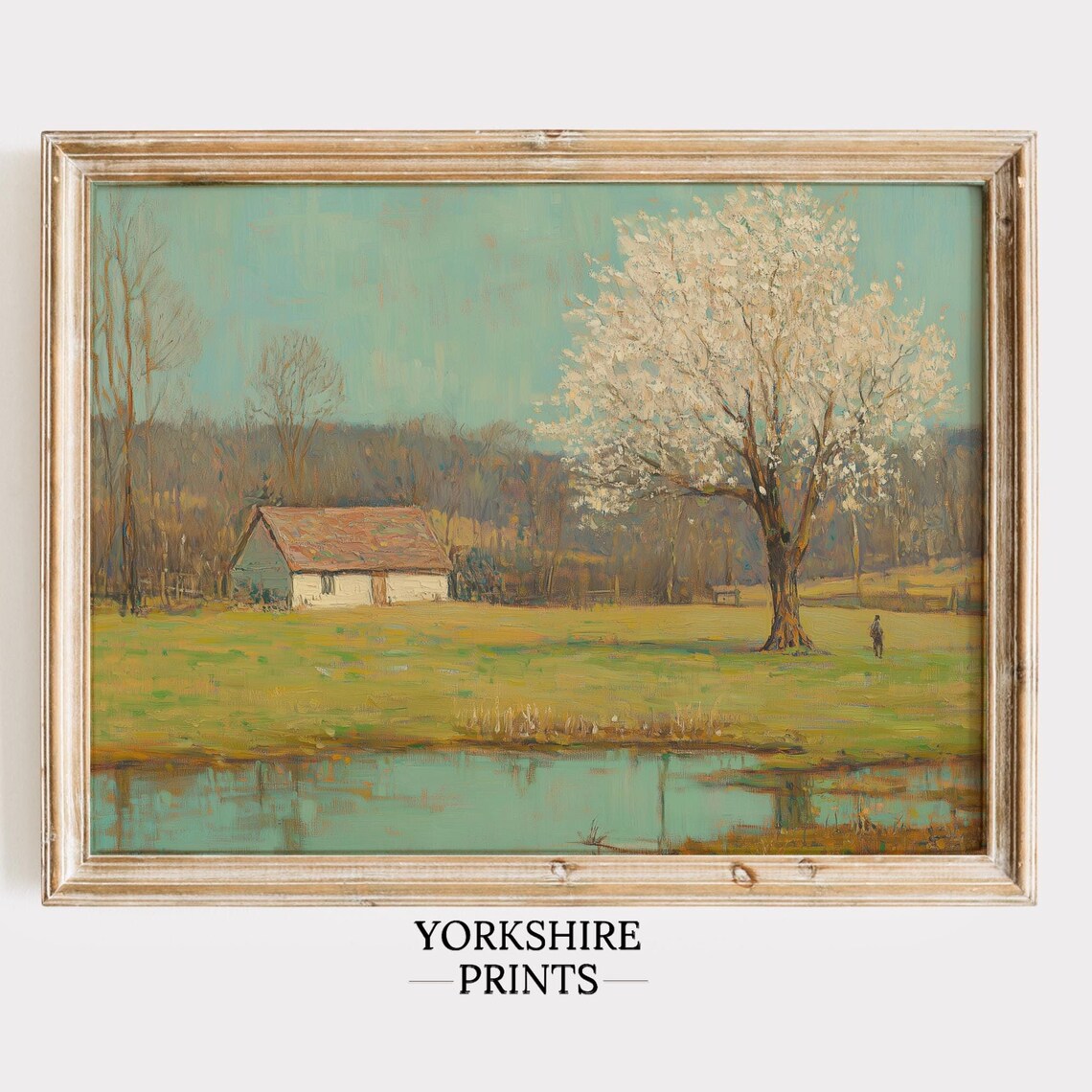 Spring Blossom Tree Rustic Barn Pond Muted Landscape Painting Wall Art