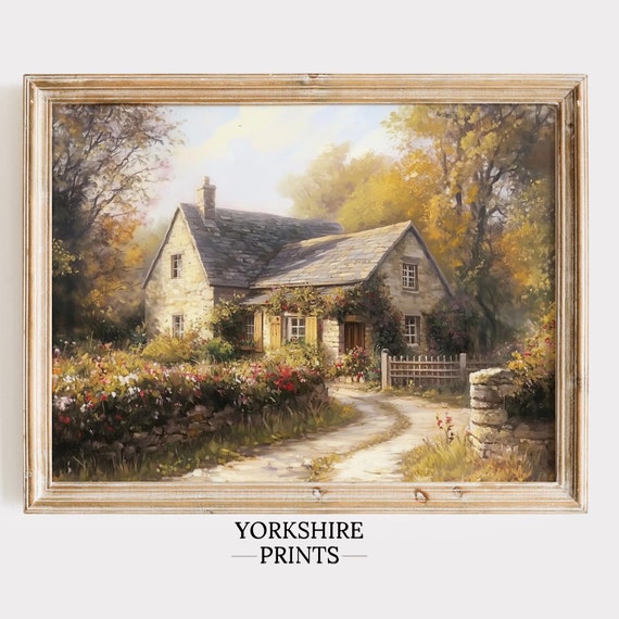 Cozy Cottage Wall Art Rustic Stone House In Blooming Garden Cottagecore Aesthetic Country Landscape Painting Nature Inspired Home Decor