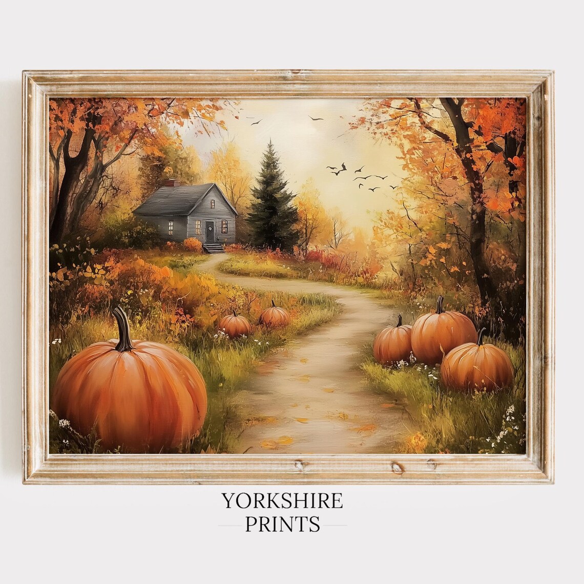 Autumn Pathway With Cottage, Vintage Oil Art Print