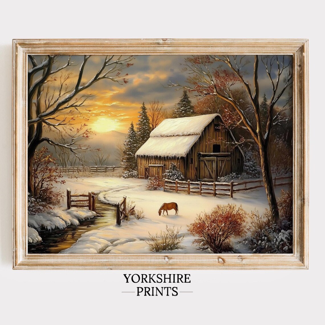 Snowy Barn Winter Sunrise Deer Rustic Farmhouse Christmas Poster