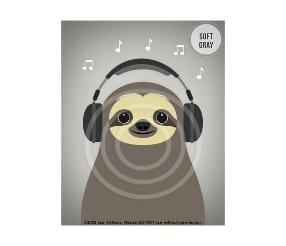 Cute Sloth Wearing Headphones Music Notes Fun Kids Room Decor Wall Poster