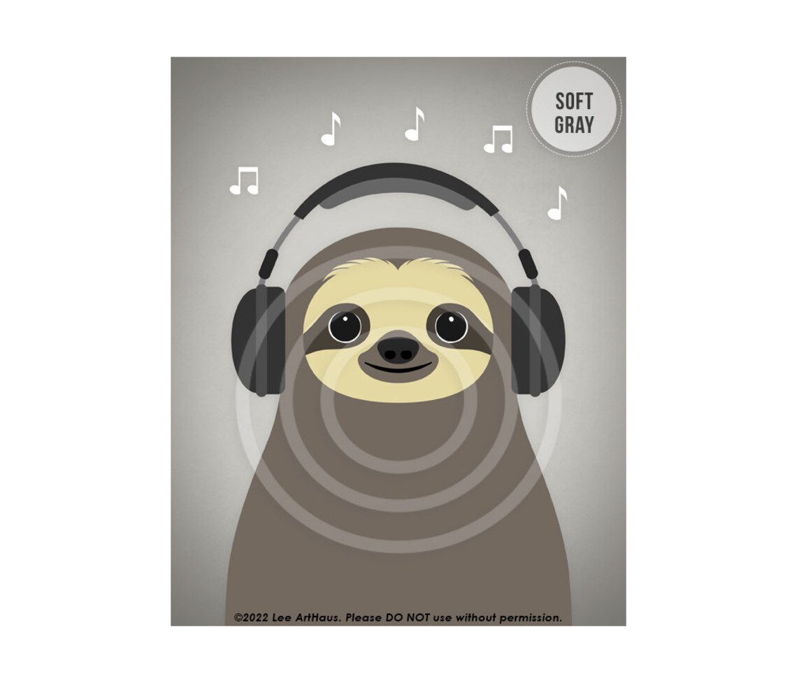 Cute Sloth Wearing Headphones Music Notes Fun Kids Room Decor Wall Poster
