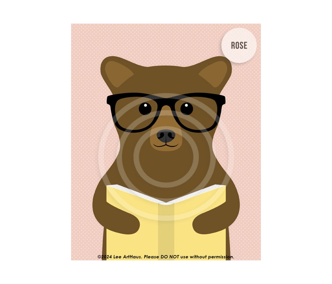Brown Bear With Glasses Reading Book Cute Animal Nursery Art Poster - Image 2