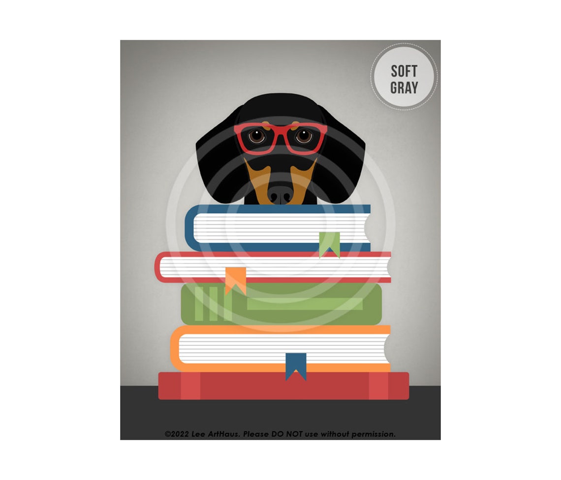 Dachshund Wearing Red Glasses With Stack of Books Funny Dog Poster - Image 3