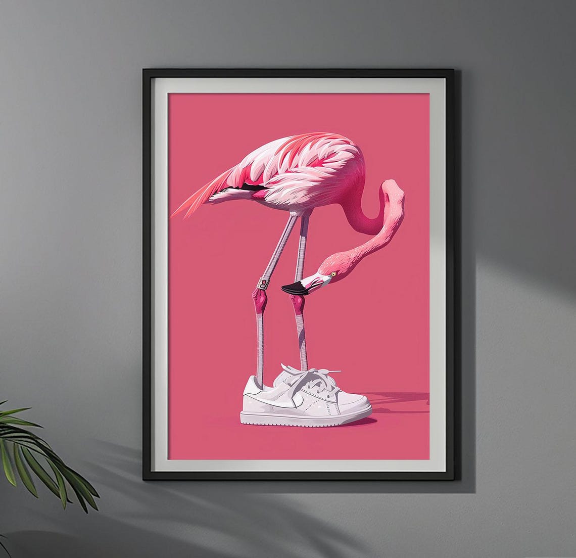 Playful Pink Flamingo Wearing White Sneakers Pop Art Style Poster
