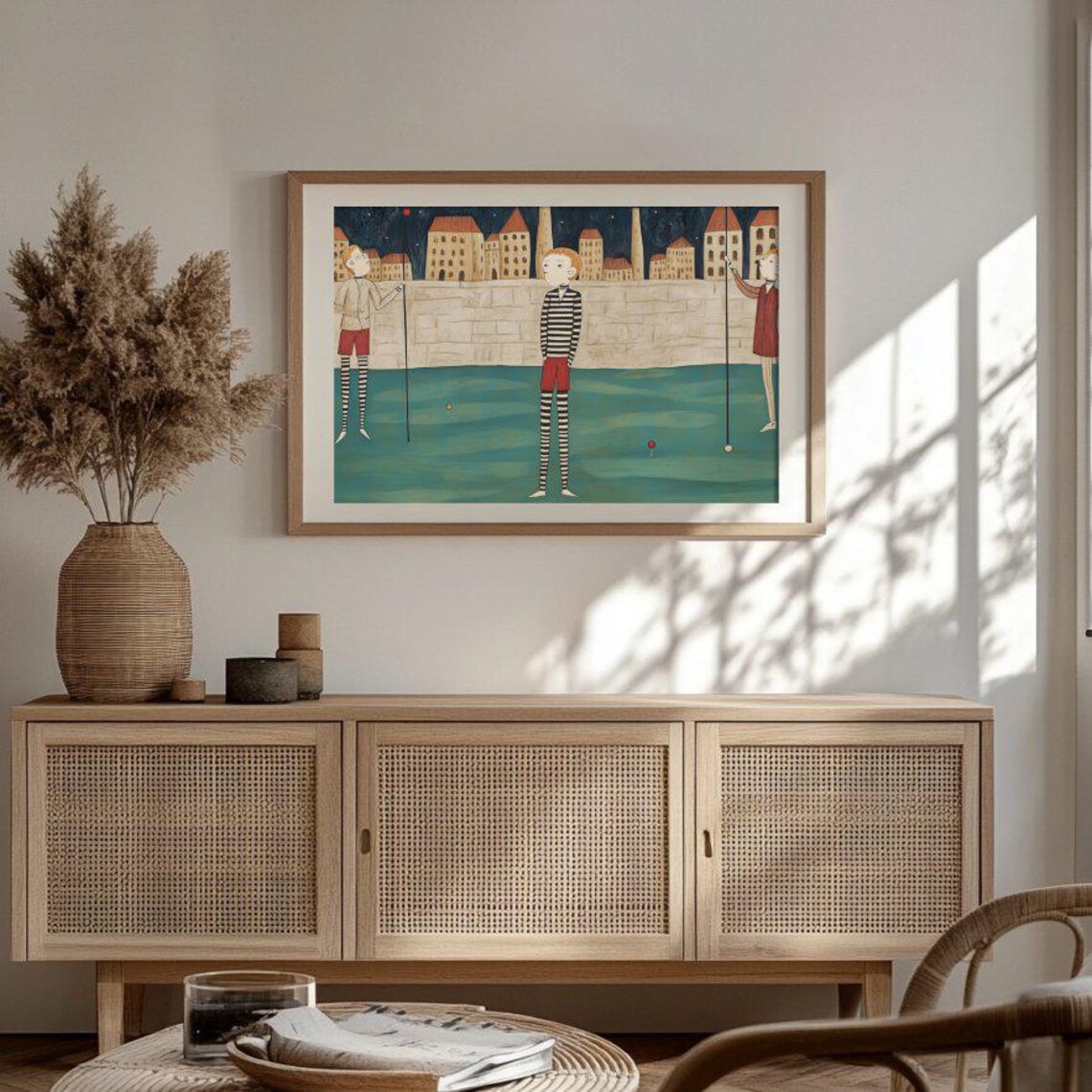 Quirky Striped Sock Figures Fishing at Night City Whimsy Poster - Image 3