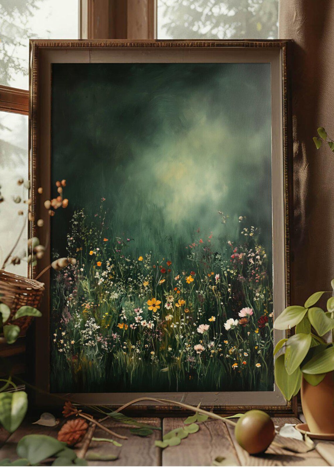 Moody Wildflower Meadow Against Dark Forest Green Art Poster - Image 2