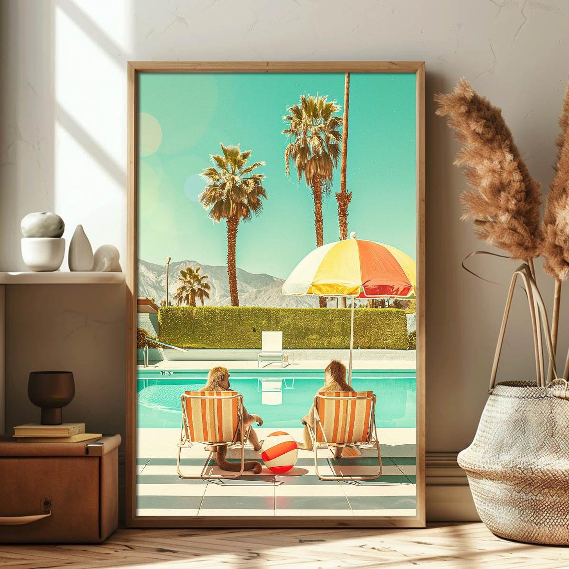 Chilling Monkeys by the Pool Retro Lounge Summer Vibes Art Poster - Image 3